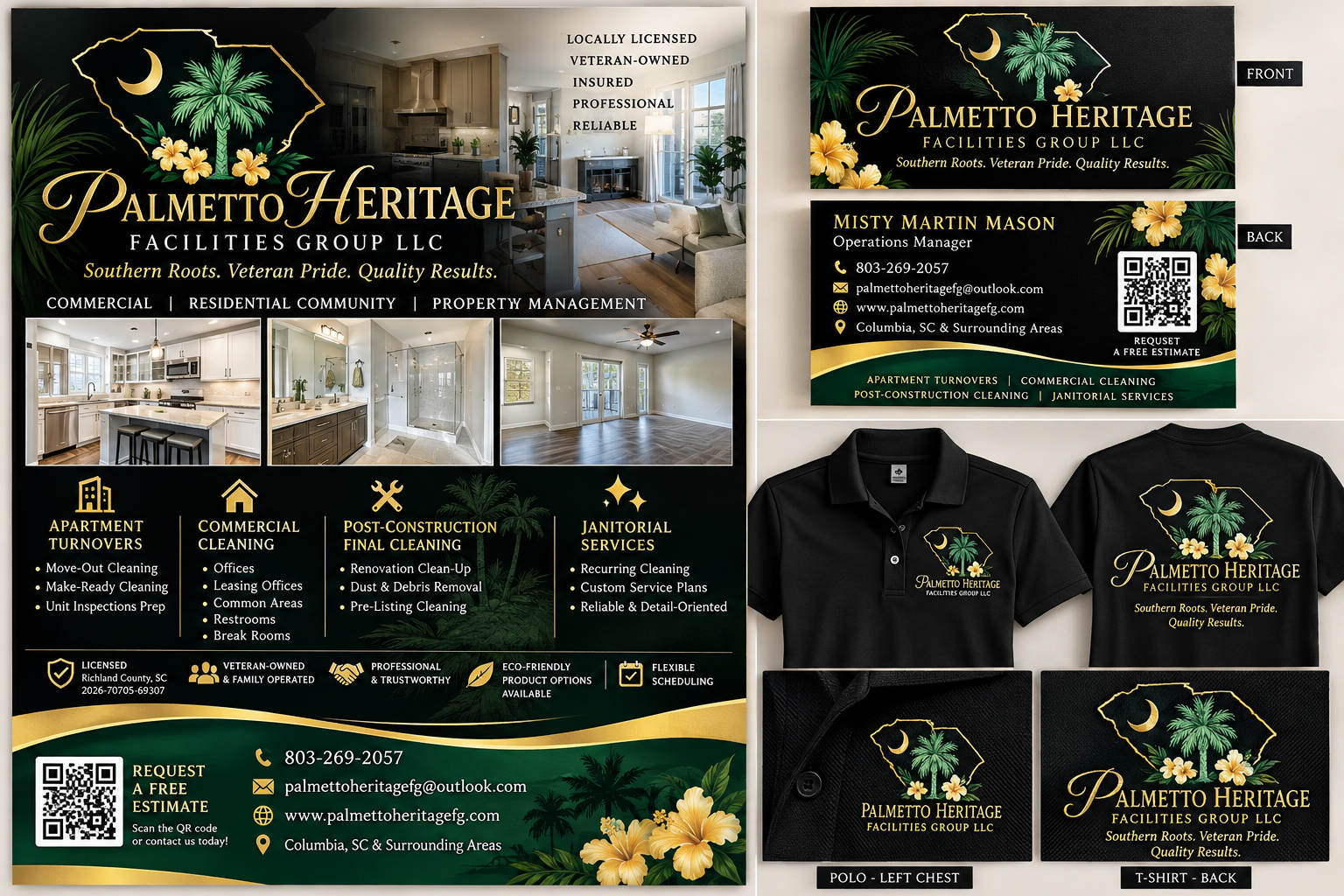 Palmetto Heritage Facilities Group LLC approved black, gold and green branding with South Carolina, palmetto, crescent and yellow hibiscus